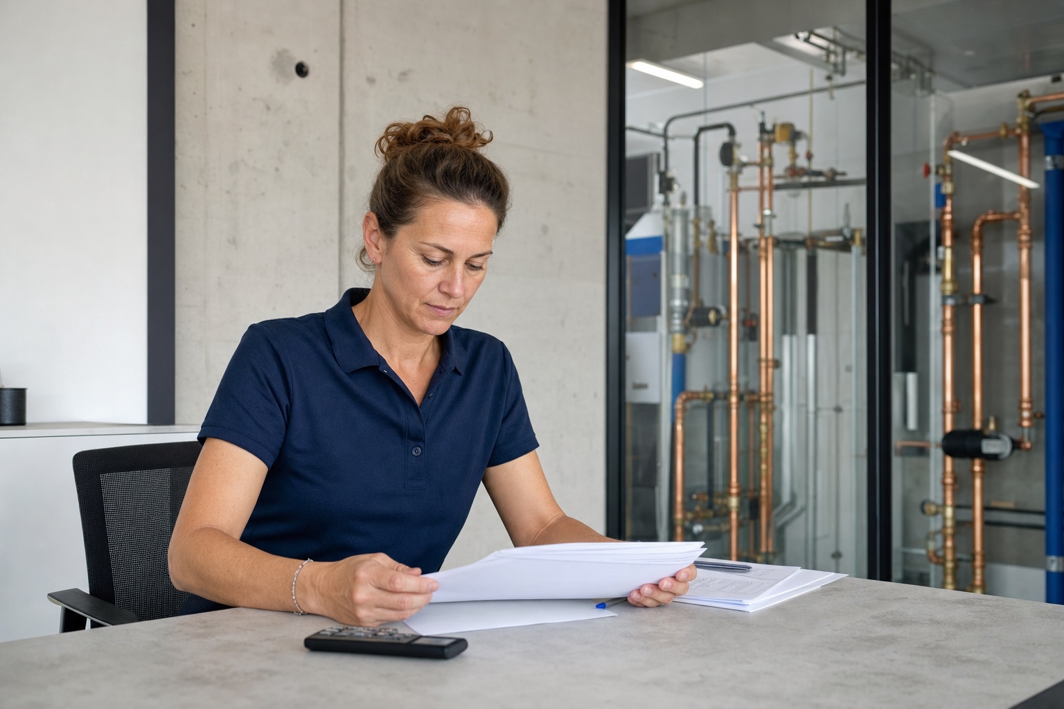 Mitarbeiterin prüft eine monatliche Lohnabrechnung am Arbeitsplatz