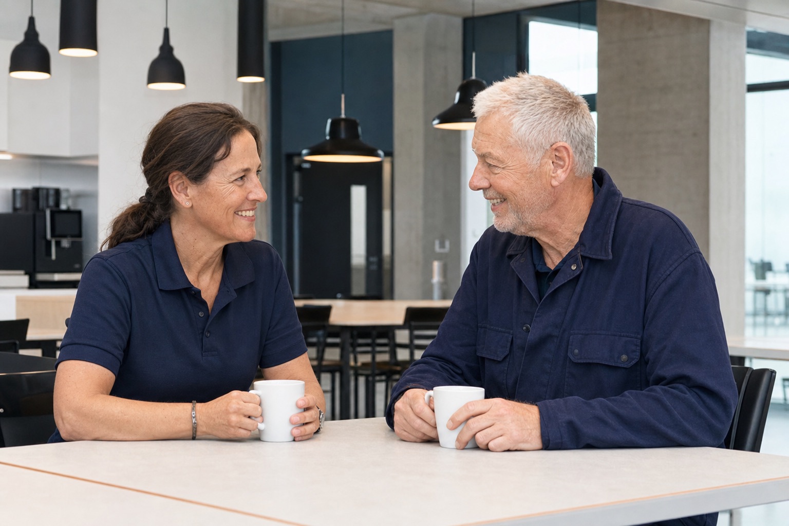 Zwei erfahrene Berufsleute der Gebäudetechnik im Gespräch bei einer Kaffeepause